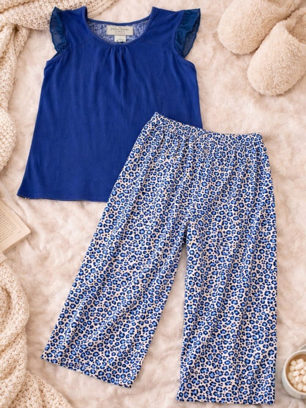 Jefrico Intimates Pajama Set Blue Leopard Pants Ruffle Top Size M